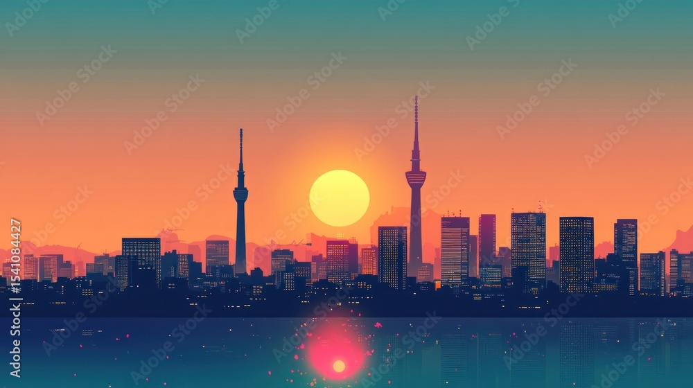 Fototapeta premium Abstract cityscape silhouette at sunset reflected over serene water surface