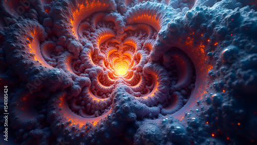 Fractal patterns, iridescent with blue colors. Endless spirals, a futuristic, energetic composition stretching into a fiery center