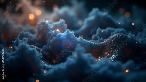 Blue velvet foam, shimmering reflections, an atmosphere of gloomy fantasy, luxury and mysticism