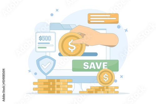 saving and investment concept. saving money creatively, financially, wealth, or rich. saving money digitally. finance and technology. deposit and addition. flat design illustration.