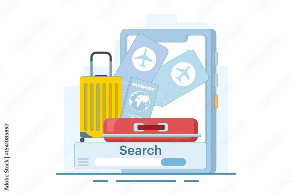 Travel and tourism planning search concept, vacation, summer time. Summer vacation planning, online travel ticket booking. Organizing a trip abroad. Flat design illustration. Travel and tourism planning search concept, vacation, summer time. Summer vacation planning, online travel ticket booking. Organizing a trip abroad. Flat design illustration.