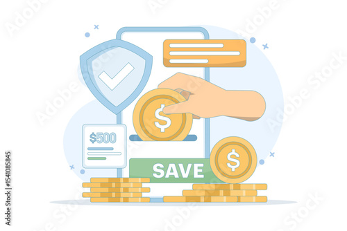 saving and investment concept. saving money creatively, financially, wealth, or rich. saving money digitally. finance and technology. deposit and addition. flat design illustration.