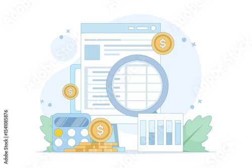 Income tax calculation concept, calculating income and filling tax forms, completing tax forms with calculator. Financial statements, Annual Tax Returns, Financial documents. Vector illustration.