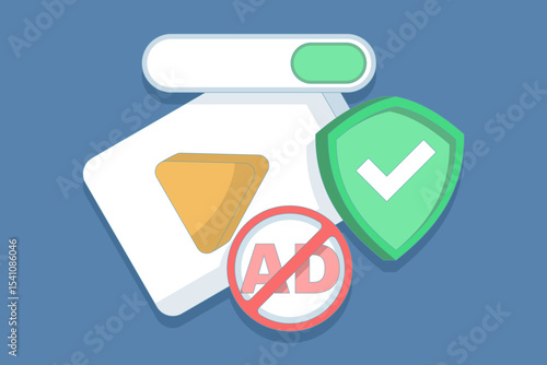 Concept of protection from harmful videos. Ad blocking, pop-up ad blocker. ad filtering tool. protective symbols and videos. anti-pop-up. safe viewing. flat design in the background.