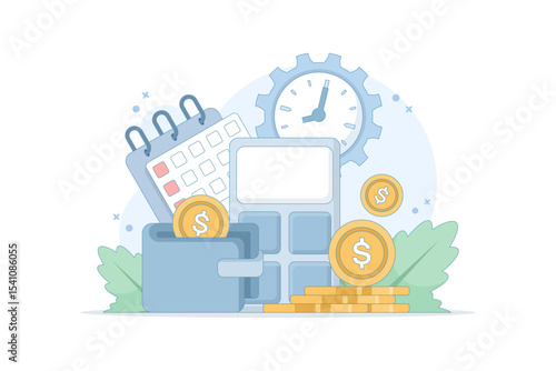 Time and money management concept. Calculator, calendar, money in wallet, and gold coins, economy and investment. money balance and time management. flat vector illustration.