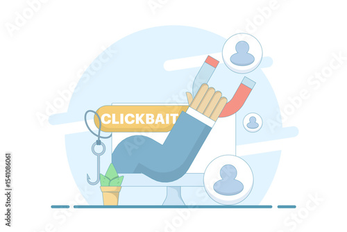 Clickbait concept. strategies to grab viewers' attention. magnetic illustrations that attract users, clicks, engagement, and traffic. strategies to grab viewers' attention. flat design.