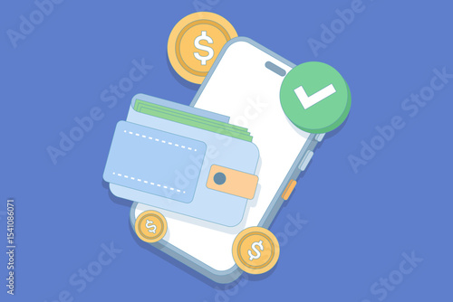 digital wallet and mobile transaction concept. wallet containing cash stored on a smartphone. customizable e-wallet with digital currency. online transaction. design illustration.