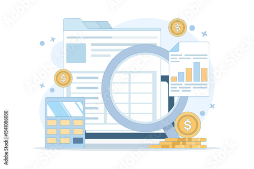 Income tax calculation concept, calculating income and filling tax forms, completing tax forms with calculator. Financial statements, Annual Tax Returns, Financial documents. Vector illustration.