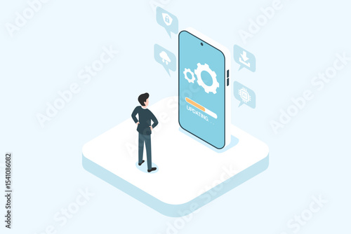 latest software update on smartphone screen, updating, isometric concept, flat design