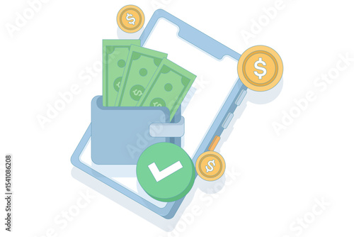 digital wallet and mobile transaction concept. wallet containing cash stored on a smartphone. customizable e-wallet with digital currency. online transaction. design illustration.