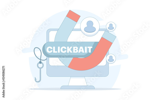 Clickbait concept. strategies to grab viewers' attention. magnetic illustrations that attract users, clicks, engagement, and traffic. strategies to grab viewers' attention. flat design.