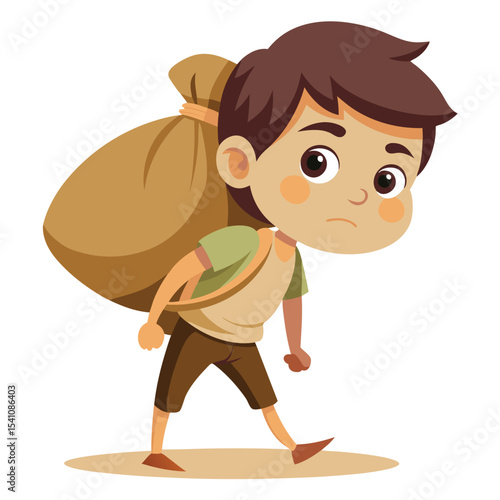 Cartoon boy carrying a heavy sack on his back illustration