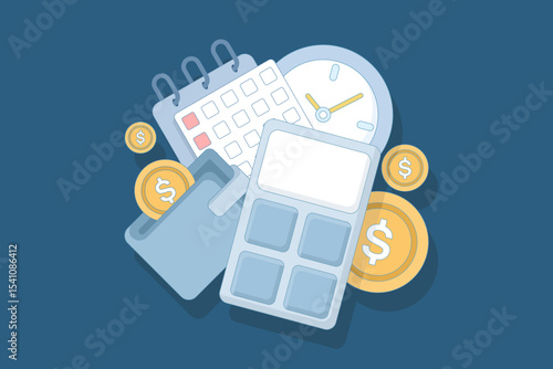 Time and money management concept. Calculator, calendar, money in wallet, and gold coins, economy and investment. money balance and time management. flat vector illustration.