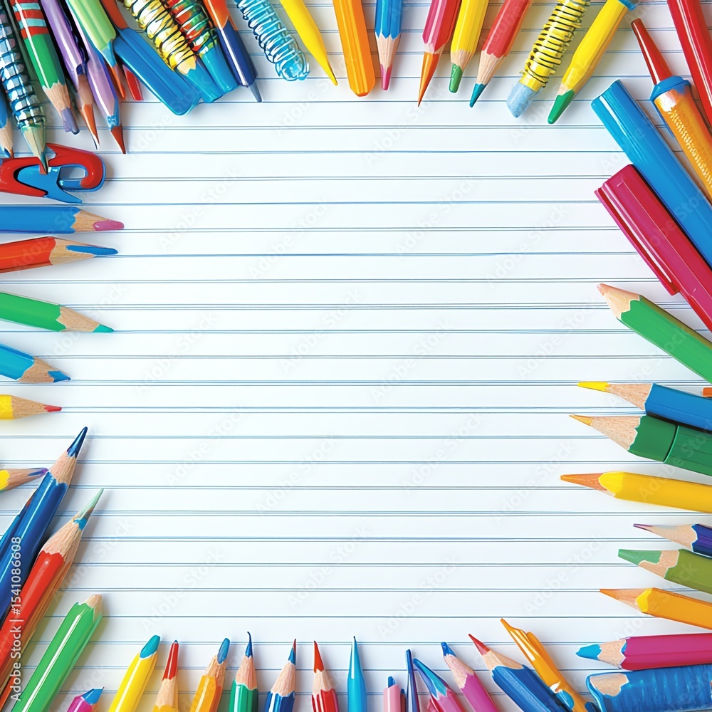 Fototapeta premium Colorful Pencils and Markers on Notebook Paper