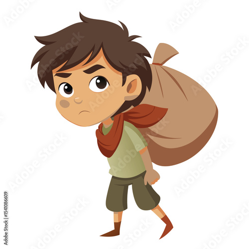 Cartoon boy carrying a heavy sack on his back illustration