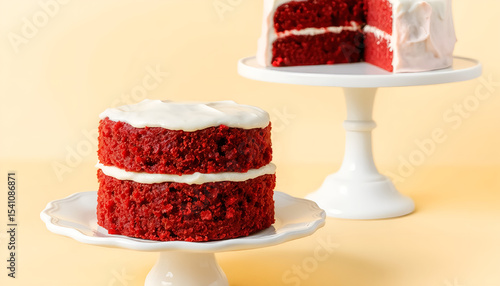 Red velvet cake on a white stand, on a beige background. 