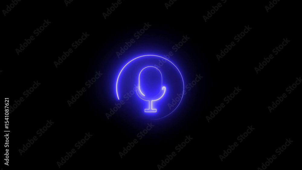 Glowing blue neon microphone icon on black background for voice recording communication and audio concepts Glowing blue neon microphone icon on black background for voice recording communication and audio concepts