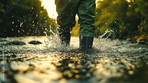 Close-up of fly fisherman in green overalls splashing water, captured with cinematic bokeh effect 