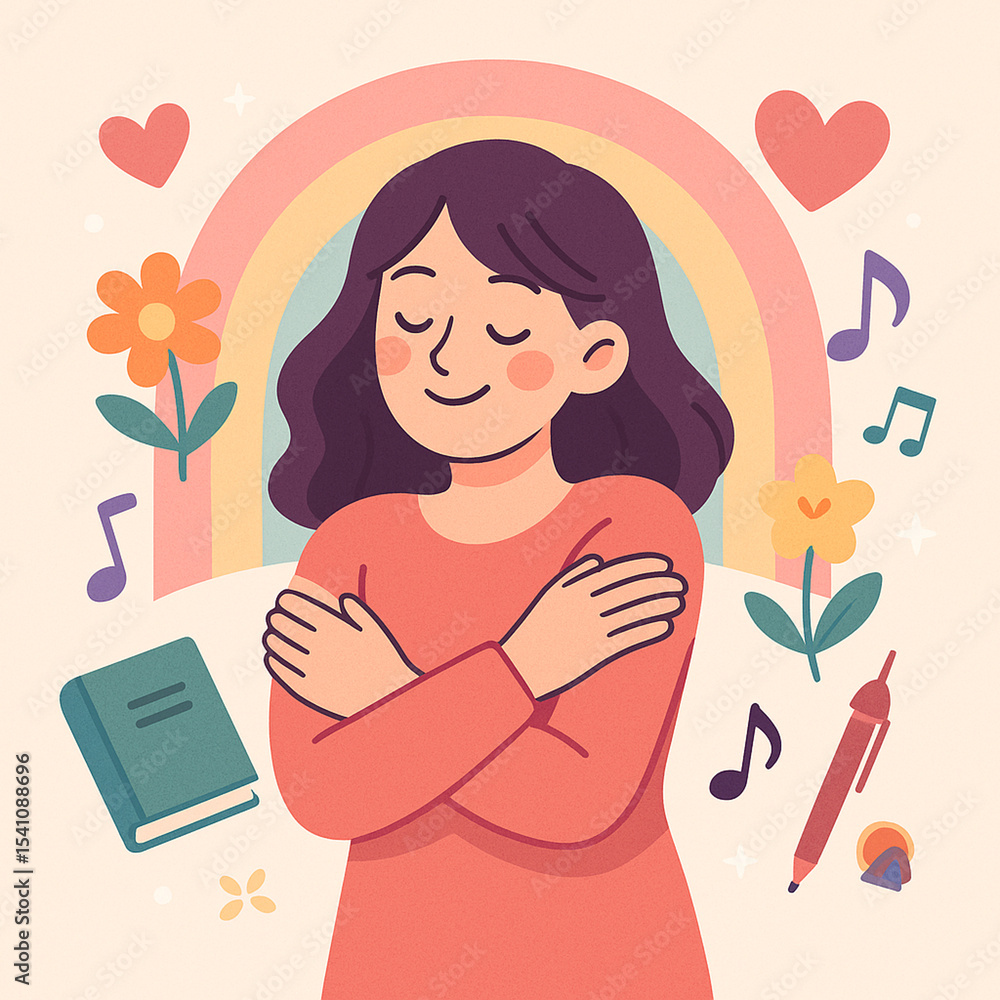 Obraz premium Cute Self Love Illustration with Girl and Positive Elements