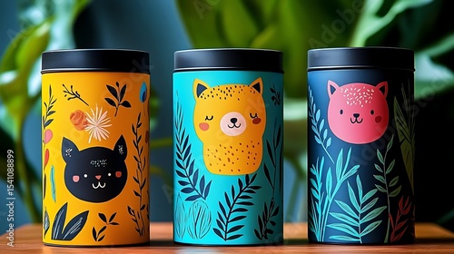 Three Colorful Cylindrical Tins with Cute Animal and Tropical Leaf Designs.