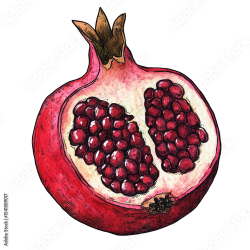 Minimalist botanical pomegranate cut open, seed detail, fine ink lines with soft watercolor, transparent PNG