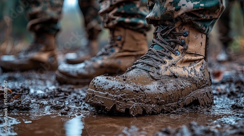 Close-up of military boots in mud at army training camp with soldiers in combat gear and camouflage. 