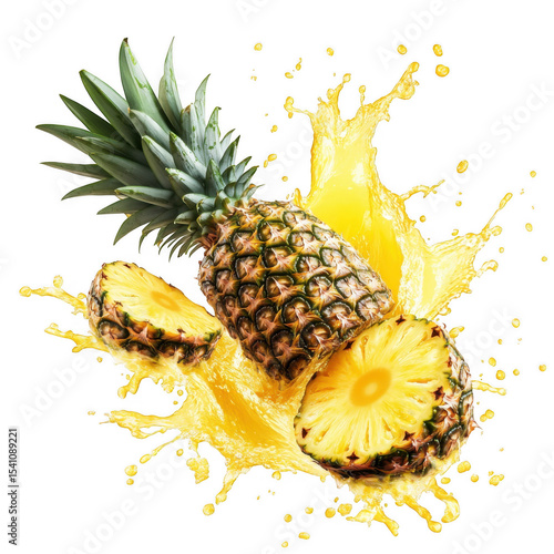 Exploding pieces of pineapples splash fruit juice white and transparent background.
