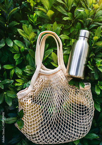 eco bag on the grass, with a bottle. green grass. Cotton bag