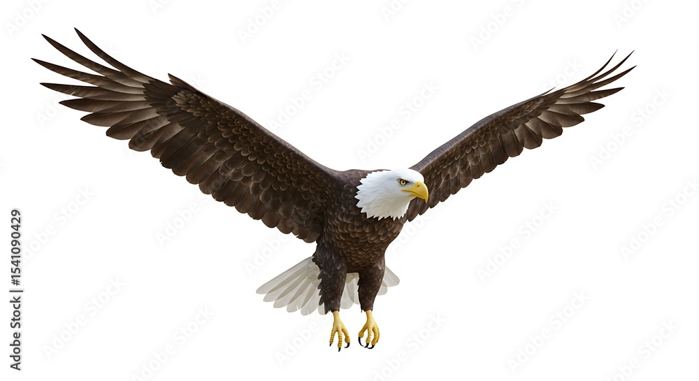Fototapeta premium Bald eagle in flight, wings spread wide against a white background