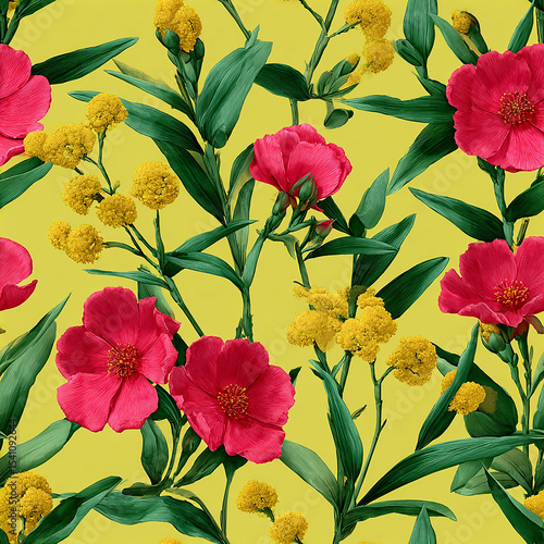 Vibrant pink flowers with bright yellow blooms and lush green leaves on a cheerful yellow background for lively floral design