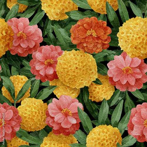 Vibrant pink flowers with bright yellow blooms and lush green leaves on a cheerful yellow background for lively floral design