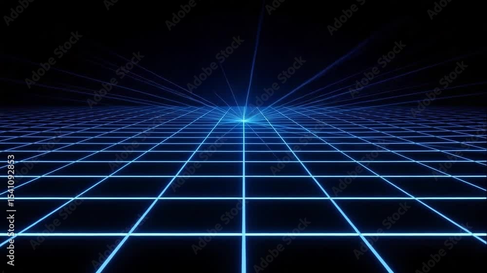 Futuristic grid background with glowing blue lines. Digital grid background features a perspective grid and central light source. This striking grid design is perfect for video intros and outros.