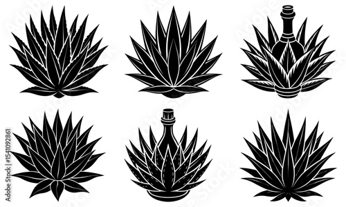 Collection of stylized agave plants and tequila bottles in black and white vector illustration