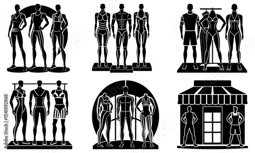 Black silhouettes of mannequins displaying various outfits in a retail setting in a vector graphic