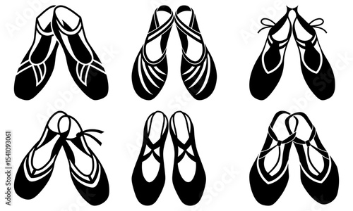 Silhouette illustration of six pairs of ballet pointe shoes in various arrangements and orientations