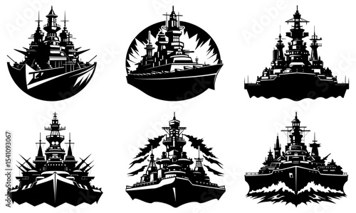 Collection of six stylized black and white battleship illustrations in various perspectives and designs