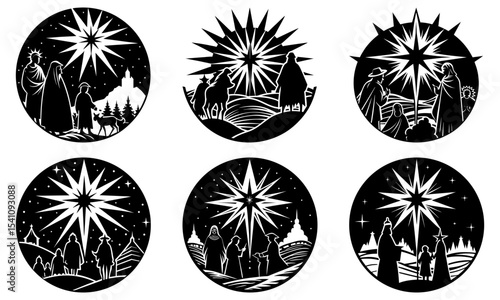 Illustrations of the nativity scene with the three wise men and the star of bethlehem in oval frames