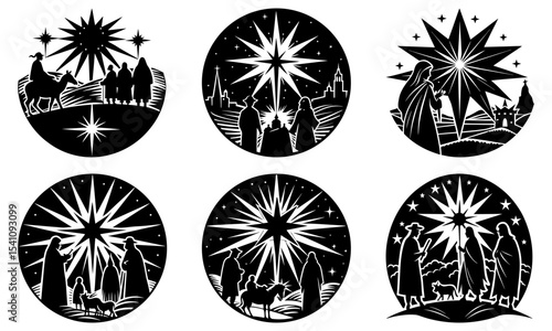 Stylized nativity scenes in black and white featuring the three wise men and the star of bethlehem