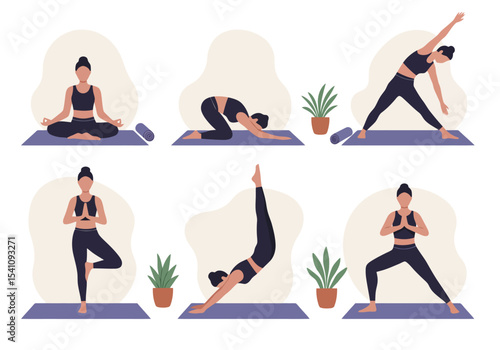 Yoga Poses Set: Meditation, Stretching, Exercise, and Wellness
