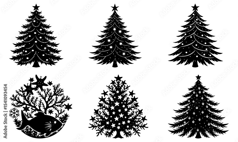Fototapeta premium Collection of six stylized christmas trees in black silhouette with decorative elements and unique designs