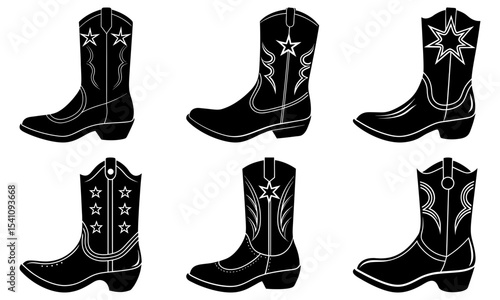 Collection of six black and white cowboy boots with star and decorative stitching designs in various styles