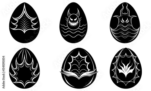 Collection of six black easter eggs with various white gothic and horror themed designs on a white background