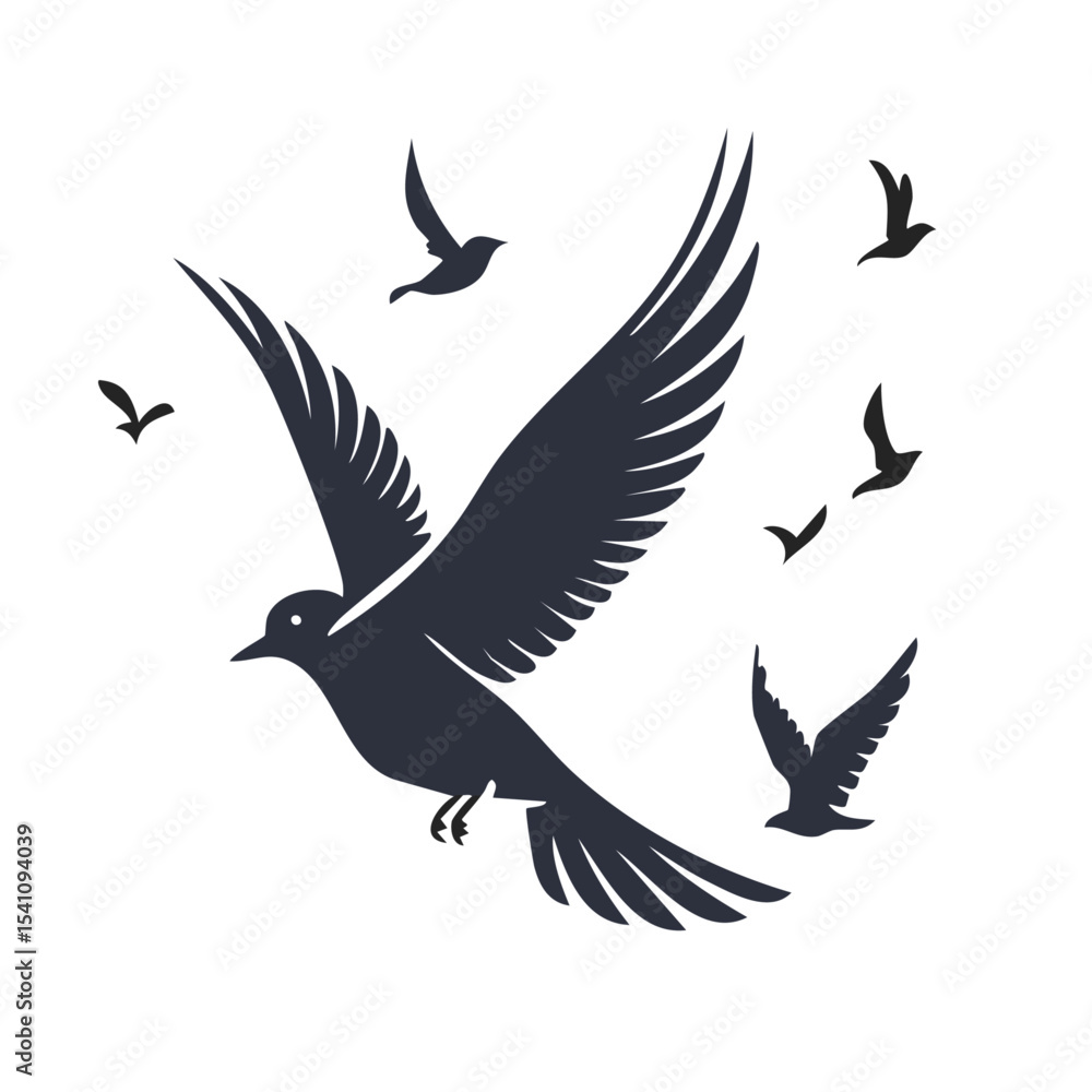 Fototapeta premium Flying Birds Silhouette Vector Illustration – Black and White Bird Silhouettes in Flight for Nature and Wildlife Design