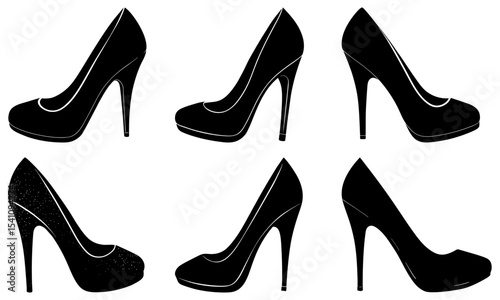 Illustration of six black high heel shoes arranged in two rows on a white background design element