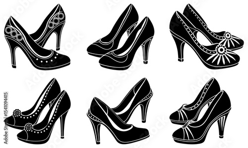 Collection of six pairs of black high heel shoes with decorative designs in a monochrome illustration