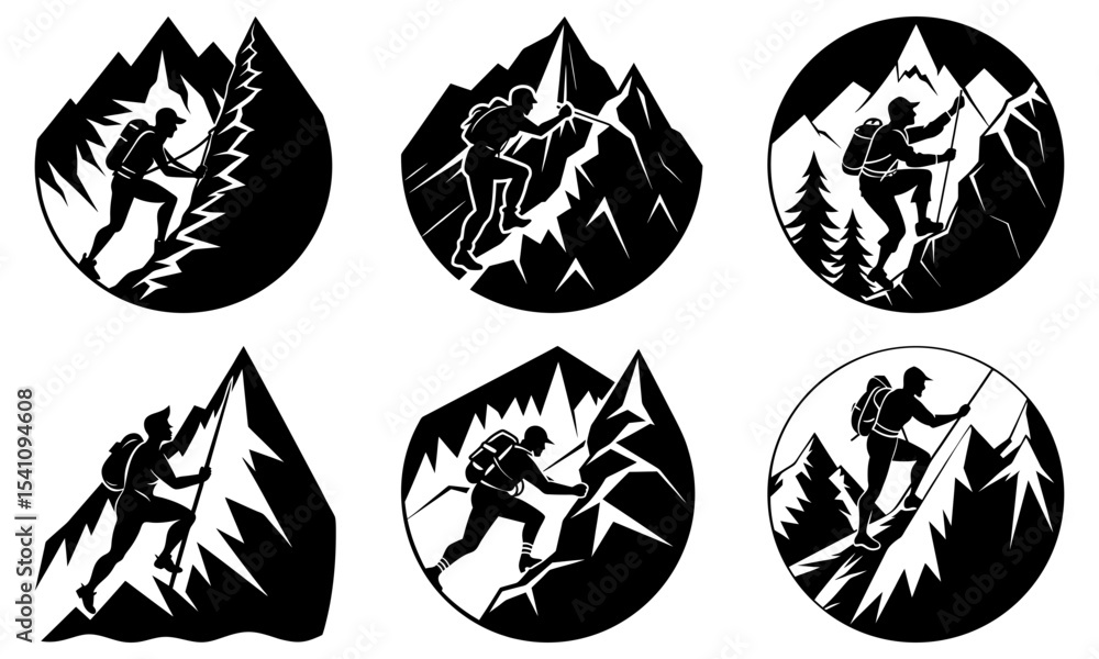 Fototapeta premium Collection of black and white mountain climbing silhouettes in various shapes and compositions on white