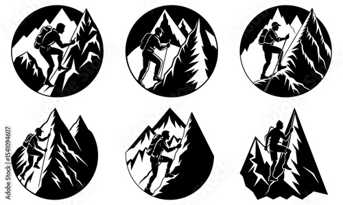Silhouetted climbers ascending mountains in oval and triangular frames in black and white vector art