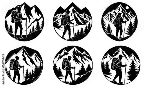 Silhouette of hikers with backpacks and hiking poles in mountain landscapes oval shaped designs set