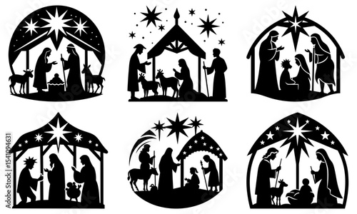 Collection of six black and white nativity scene silhouettes with stars and various structures above