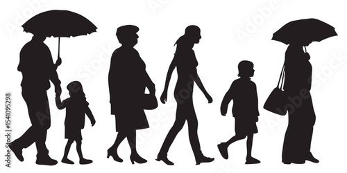 Silhouette of people walking in the rain with umbrellas vector image for graphic design and illustration work